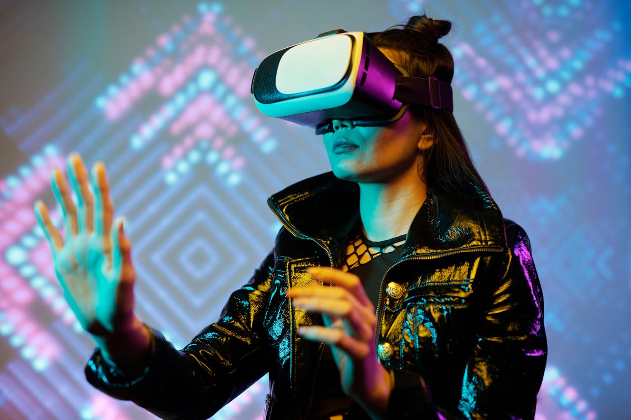 Home Woman using VR headset with interactive neon lights indoors, embracing digital innovation.